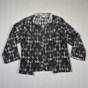 VTG Houndstooth Knit Jacket Womens L Black Gray Zip Cardigan Sweater Modern Chic